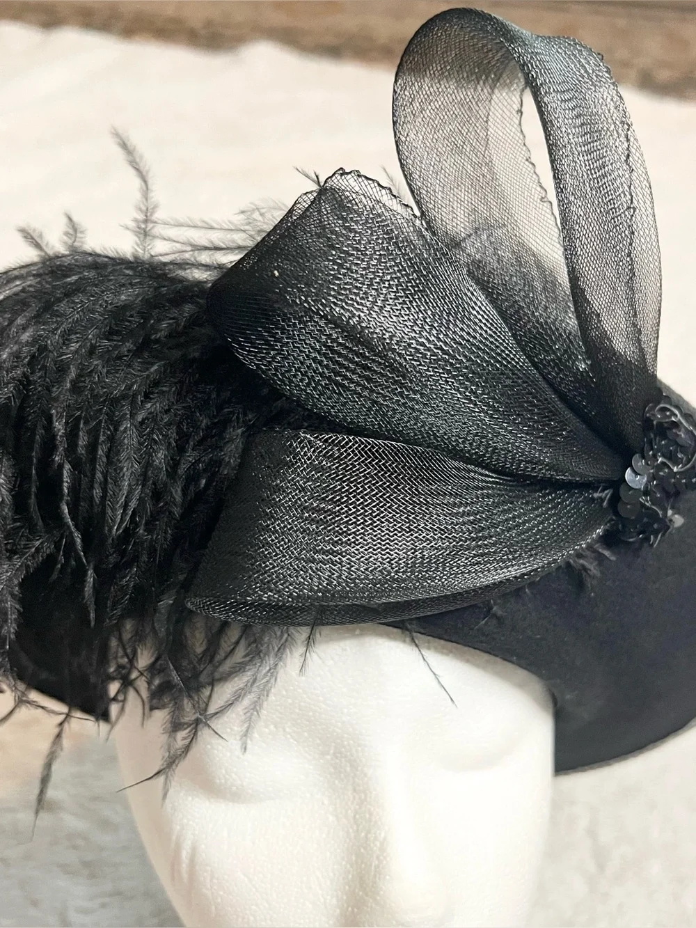 Vintage Black Wool Feathered Organza Fascinator Hat Derby Church Wedding Funeral